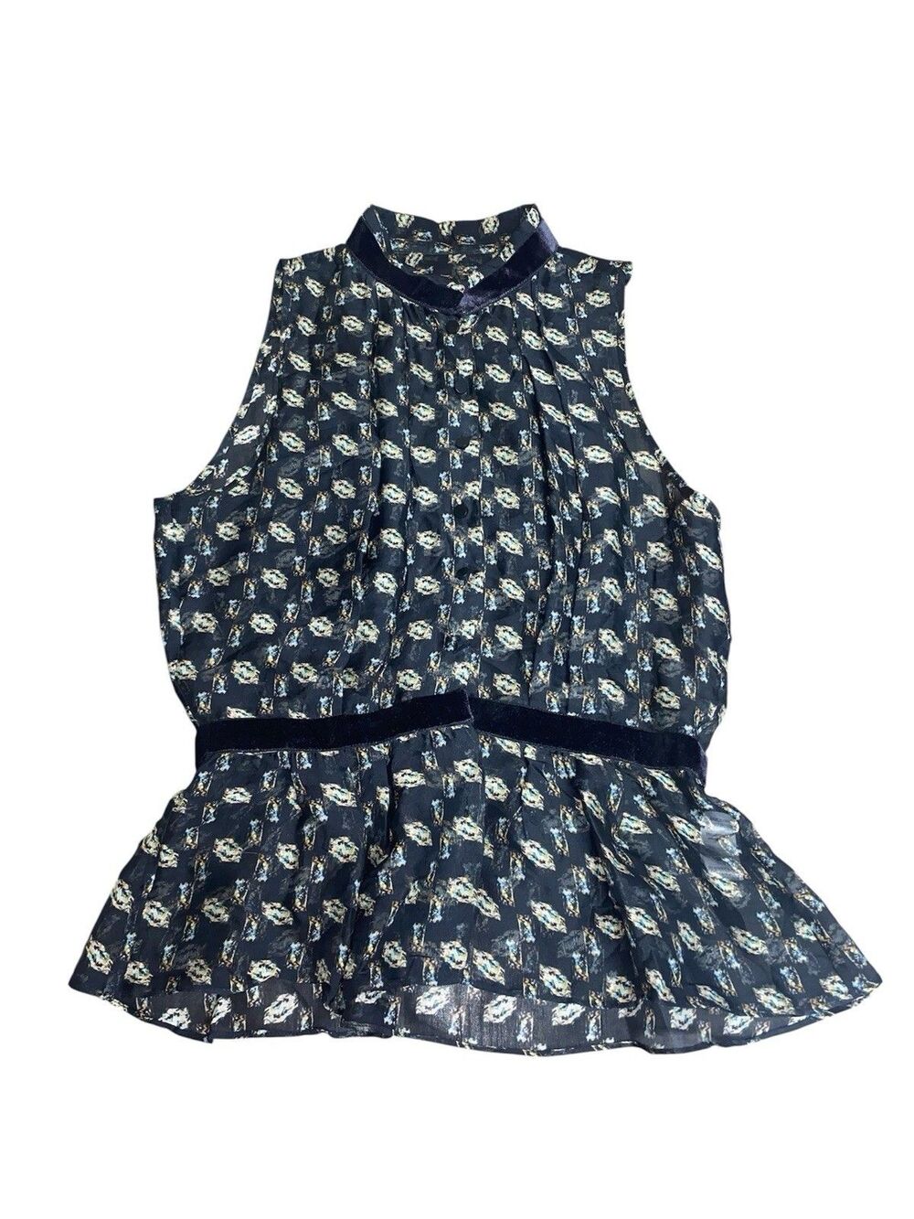 Theysken’s Theory Printed Sheer Button Down Blouse Size Small Velvet Trim